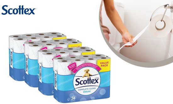 Scottex Complete Clean Décor toiletpapier, 24 rollen. Verpakking met blauwe golven, een gele puppy en 'Value Pack'. Deels in een badkamer.