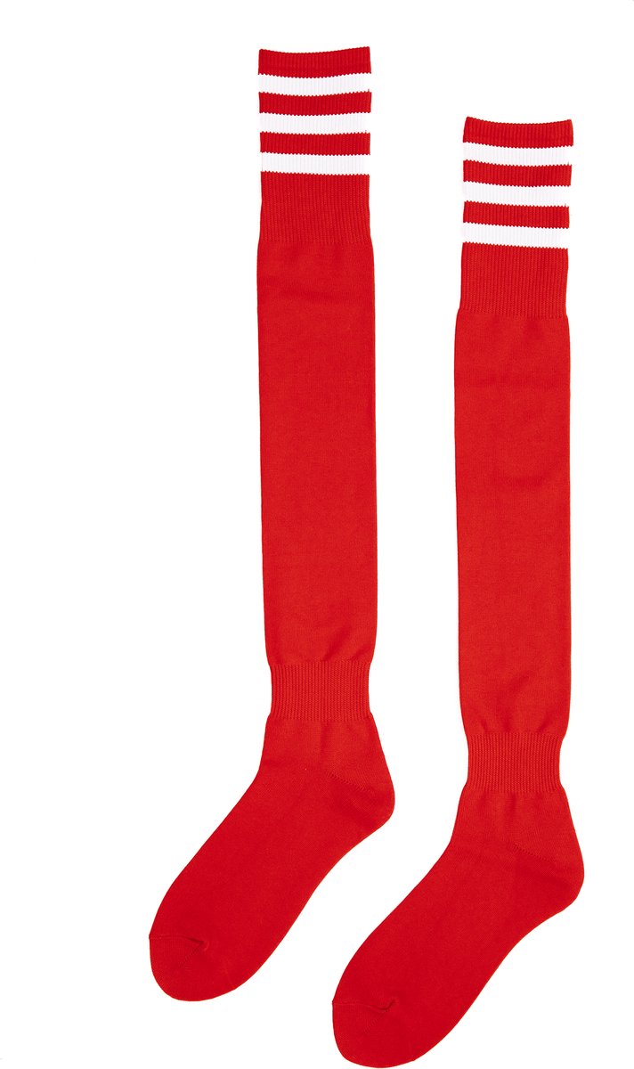 KIMU® Sokken Rood Witte Strepen - Maat 36-41 - Dames Heren Unisex - Rode Kniekousen Voetbalsokken Sportsokken Kniesokken Kousen Streepjes Festival
