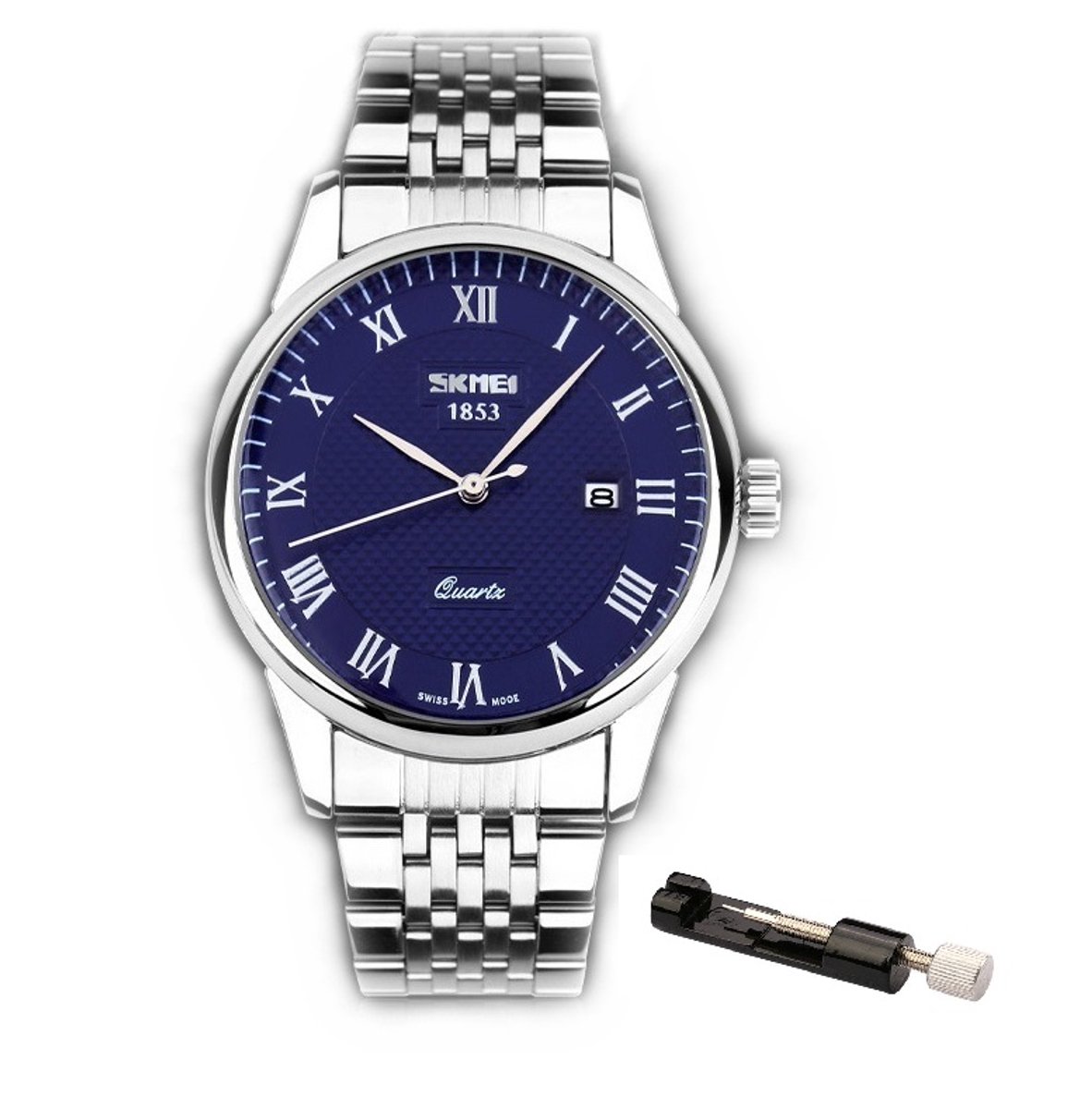 Stalen Heren Horloge - Polshorloge - Verstel Tool - Giftbox - Blauw