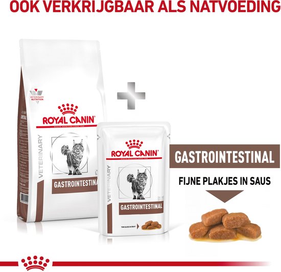 Ook verkrijgbaar als natvoeding: Royal Canin Gastrointestinal fijne plakjes in saus met kattenvoer.