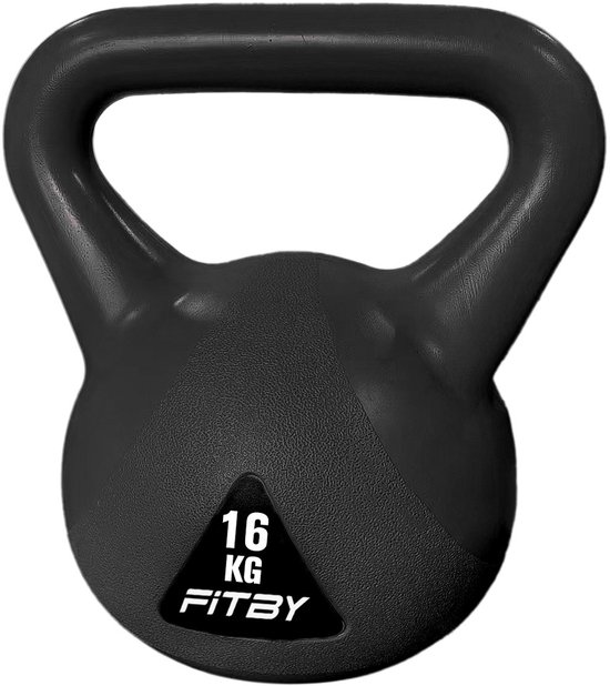 Zwarte 16 kg Fitby kettlebell met opdruk '16 KG FITBY' op een witte achtergrond.
