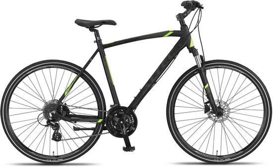 Zij-aanzicht van een zwarte herenfiets met groene accenten, 28 inch wielen en schijfremmen.