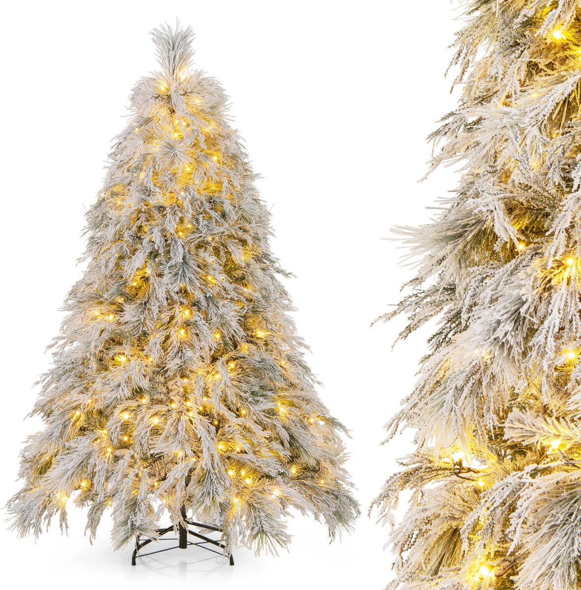 COSTWAY Kunstkerstboom met verlichting, 180 cm, dennenboom met warmwitte ledlampen, 519 takpunten, kerstboom met sneeuw, feestboom, kunstboom voor feestdecoratie, binnen en buiten