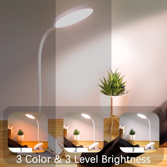 1 stuk - LED-nachtlampje voor bed - 3-kleuren draagbare klem-leeslampje - USB-aangedreven - kleine klem bureaulamp - voor slaapkamer, kantoor, studeerkamer - wit — afbeelding 3