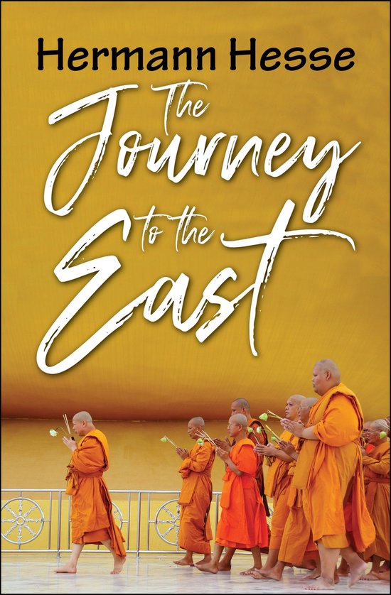 Boekomslag: Hermann Hesse's 'The Journey to the East' met een stoet monniken in oranje gewaden op een gele achtergrond.