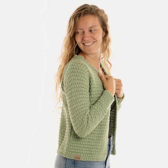 Knit Factory - Becky Knitted Cardigan - Cardigan tricoté pour femme - Cardigan court à hauteur de hanches - Cardigan femme vert clair composé de 30 % laine et 70 % acrylique - Vert Sage - 40/42