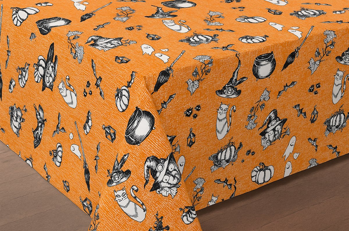Afwasbaar tafelkleed - ecologisch - tafelzeil - Halloween print/pompoen/oranje-zwart - afmeting: 400x140cm