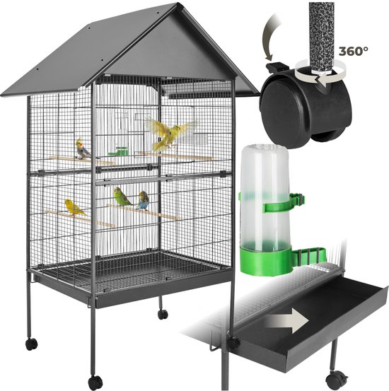 tectake® Vogelkooi - 85 x 60 x 168 cm - Vogelkooien voor Binnen - Met Standaard op Wielen - Voor Vogels - Volière met 4 Zitstokken, Zandlade en Waterbak