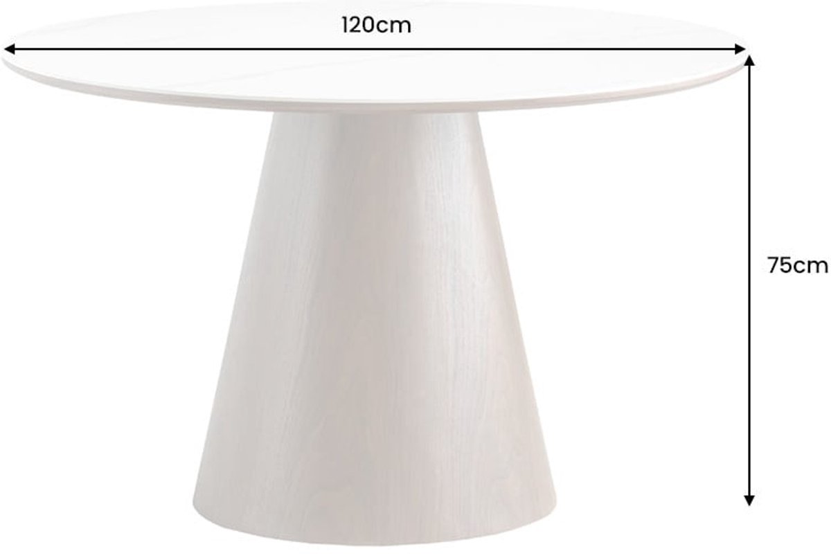 Ronde eettafel UNIQUE 120cm Wit Bruin Walnoot Hout Keramiek Marmeren Kolom Onderstel - 45144
