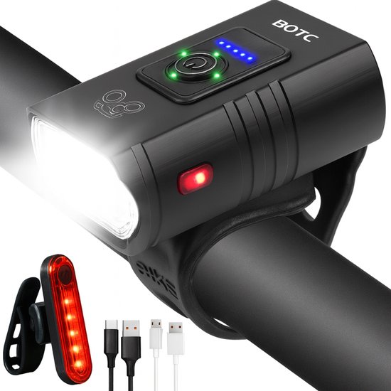 BOTC Fietsverlichting USB oplaadbaar - 1000 Lumen - Voorlicht & Achterlicht - Aluminium Led Fietslamp - Waterdicht - Valbestendig - Koplamp fiets - Fietslampjes - Fietslichten - Zwart