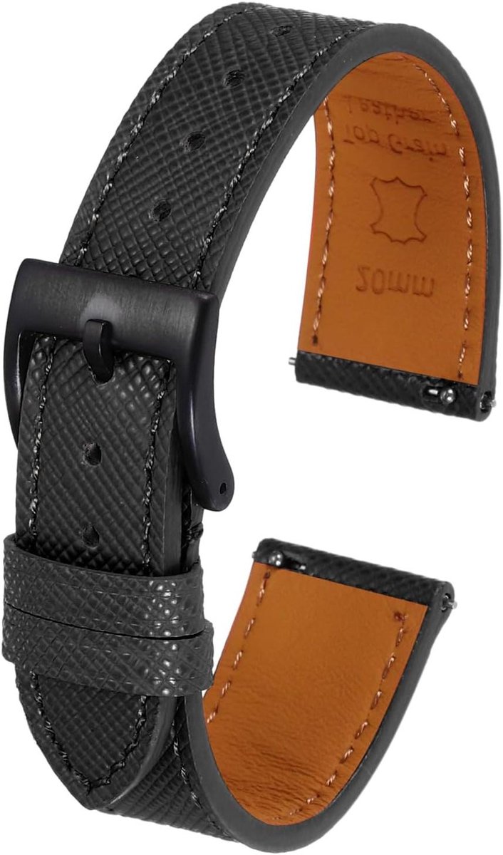 Allecto plus - Echt leren horlogebandje 21mm snelwissel - Reservearmband met zwarte gesp - Unisex zwart - Hoge kwaliteit