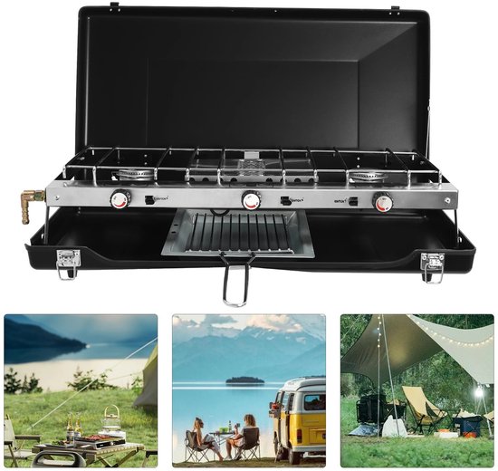 Campingfornuis 3-pits - Draagbare Propaan Gasbrander - 4,5 kW Totaal Vermogen - Piezo-ontsteking - Inclusief Grillrooster, Bakplaat & Windscherm - Outdoor BBQ, Camping, Picknick van Campingfornuis — afbeelding 4