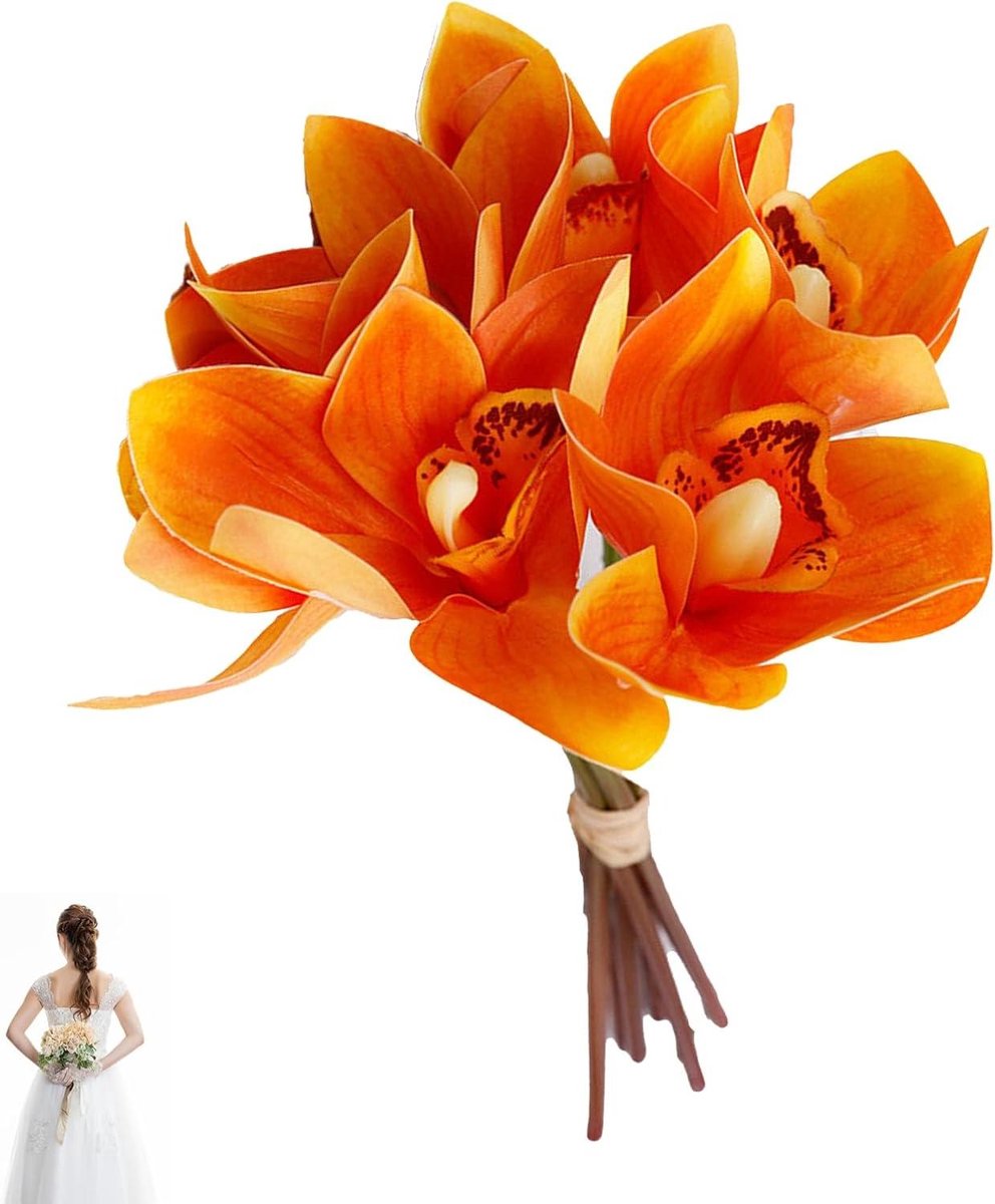 Allecto plus - 6 stuks kunstbloemen - 3D-geprinte orchideeën - decoratie voor thuis, bruiloft, kantoor - feestelijke bloemendecoraties - binnen en buiten - oranje