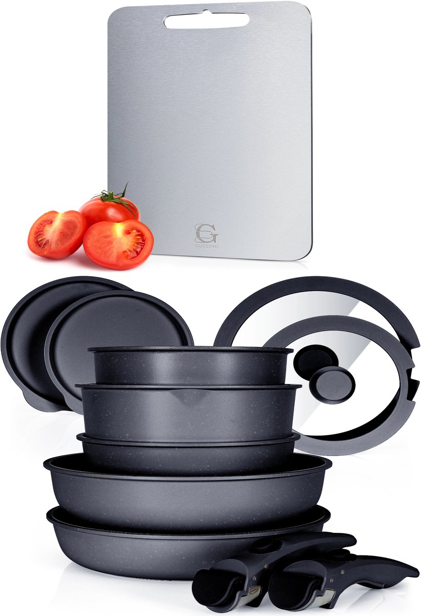 Glissimo Cookware - 16-delige Keramische Pannenset Zwart - Afneembare Handgreep - Non-stick - Pannenset -Geschikt voor alle warmtebronnen - PFAS vrij - BPA vrij -Anti Baklaag - Stapelbaar - RVS Snijplank