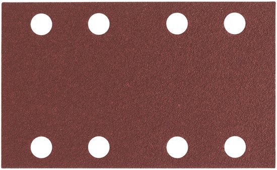 Rood schuurpapier met acht witte gaten voor stofafzuiging.