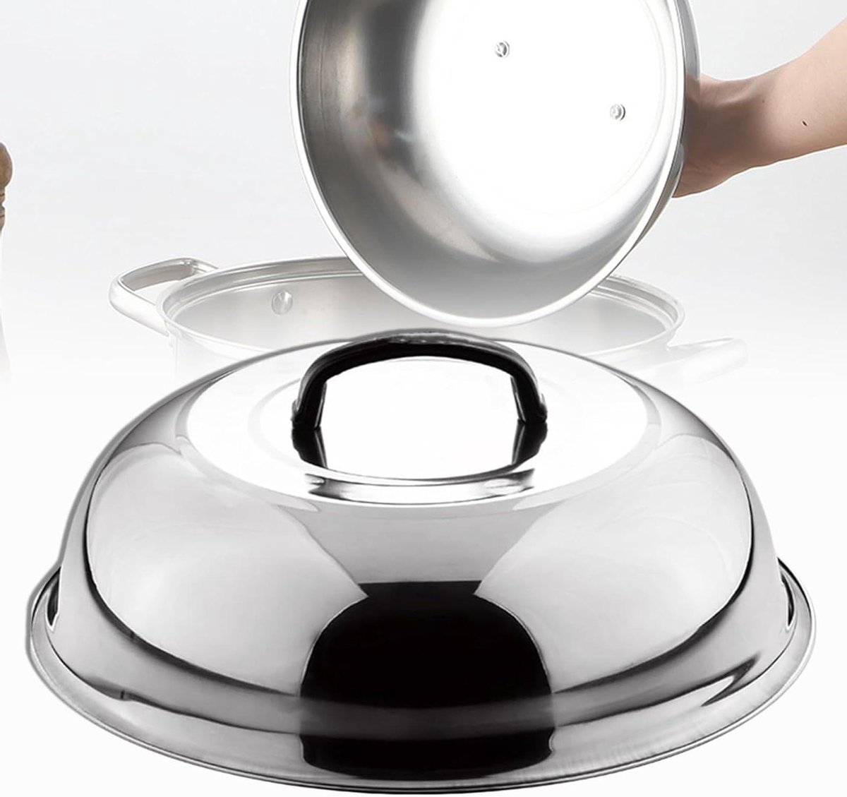 Allecto plus - Multifunctionele roestvrijstalen ronde wokdeksel met handvat voor frituren, stomen en buitengrillen (34 cm)