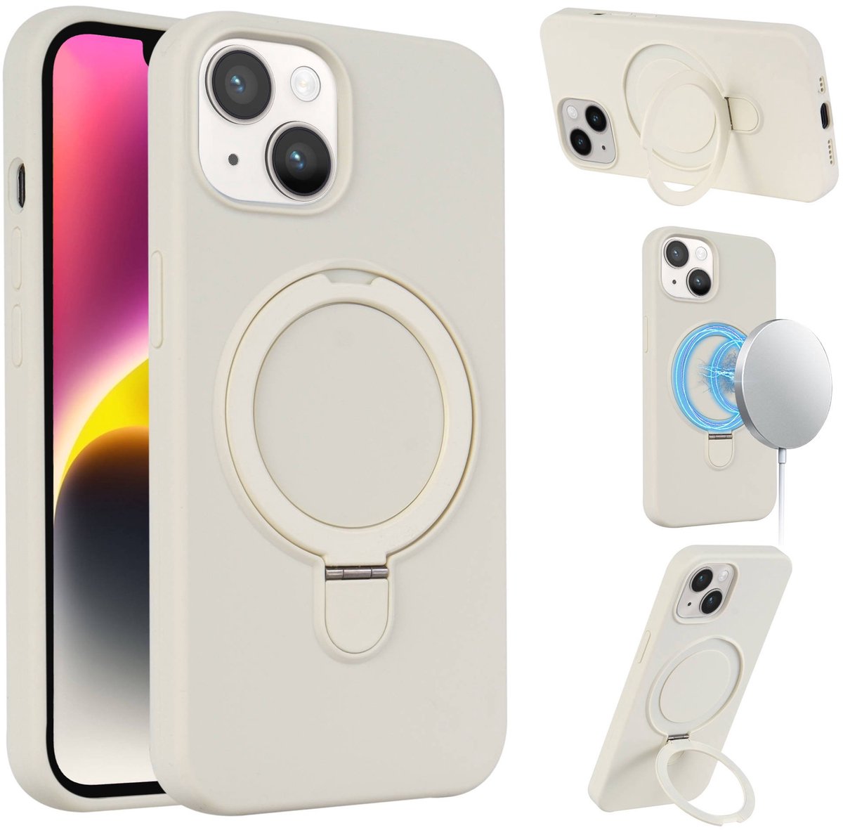 Geschikt voor iPhone 15 Plus Hoesje Met Magnetische Standaard - Telefoonhoesje - Backcase Cover - Backcover Case - Magnetisch Hoesje 15 Plus - Hoesje Met Standaard - Beige