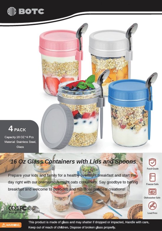 Bocal de flocons d'avoine BOTC Overnight Oats - Bocaux de conservation - Set de 4 avec Cuillères - 4 x 475 ml - Bocaux en Verres avec couvercles - Bocal Mason