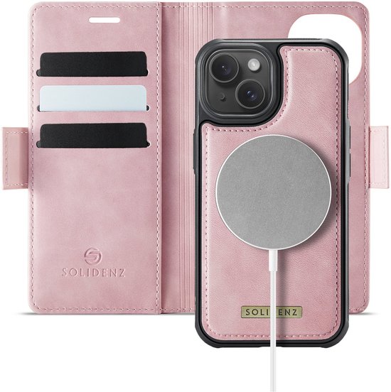 Étui portefeuille 2 en 1 Solidenz de luxe iPhone 15 Plus - Compatible avec MagSafe - Amovible - Rose