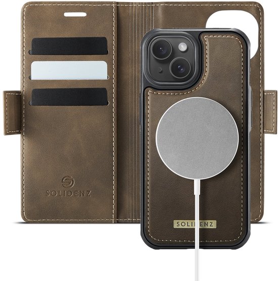 Étui portefeuille 2 en 1 Solidenz de luxe iPhone 15 - Compatible avec MagSafe - Amovible - Marron