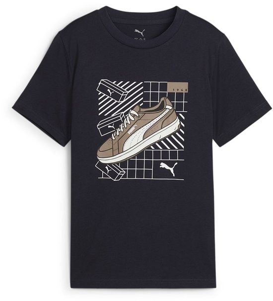Navy t-shirt met grafische print van een Puma sneaker, 1968 en Puma logo.