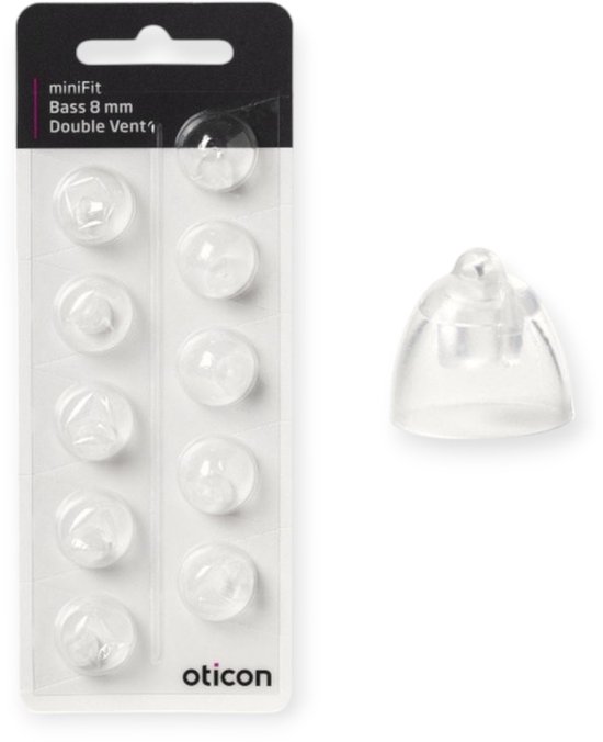 Oticon minifit BASS dome MAAT: 8 MM - DOUBLE VENT. - Blister van 10 stuks - voor MiniRite luidspreker