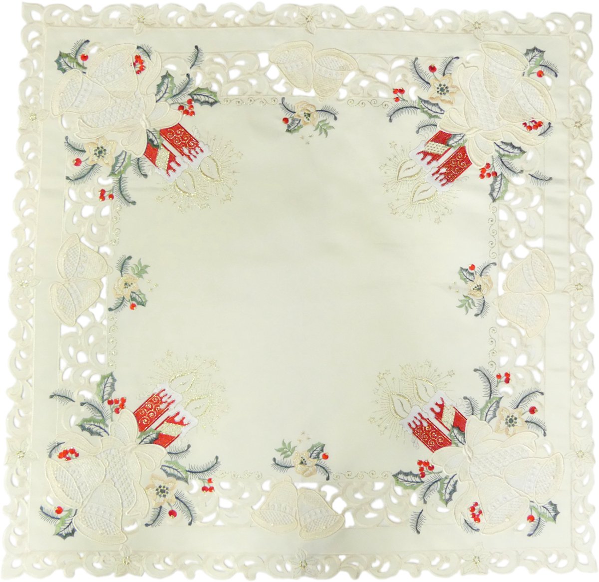 Tafelkleed - Kerst - Cremekleur met rode kaarsen en bel - Vierkant 85x85 cm – foto 3