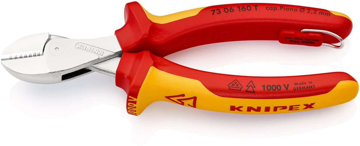 Knipex X-Cut met bevestigingsoog verchroomd, geïsoleerd met meercomponentengrepen, VDE-gekeurd; met geïntegreerd geïsoleerd bevestigingsoog voor het aanbrengen van een valbeveiliging 160 mm - 7306160TBK