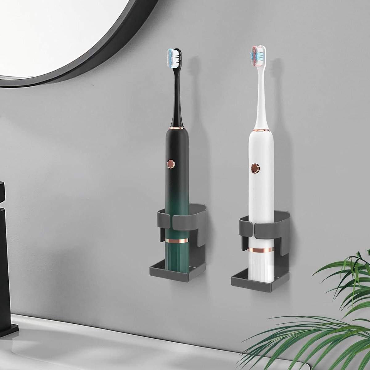 Allecto plus - Elektrische tandenborstelhouder zonder boren - Grijs - Wandmontage - 2 stuks - Zelfklevend - Voor meeste elektrische tandenborstels