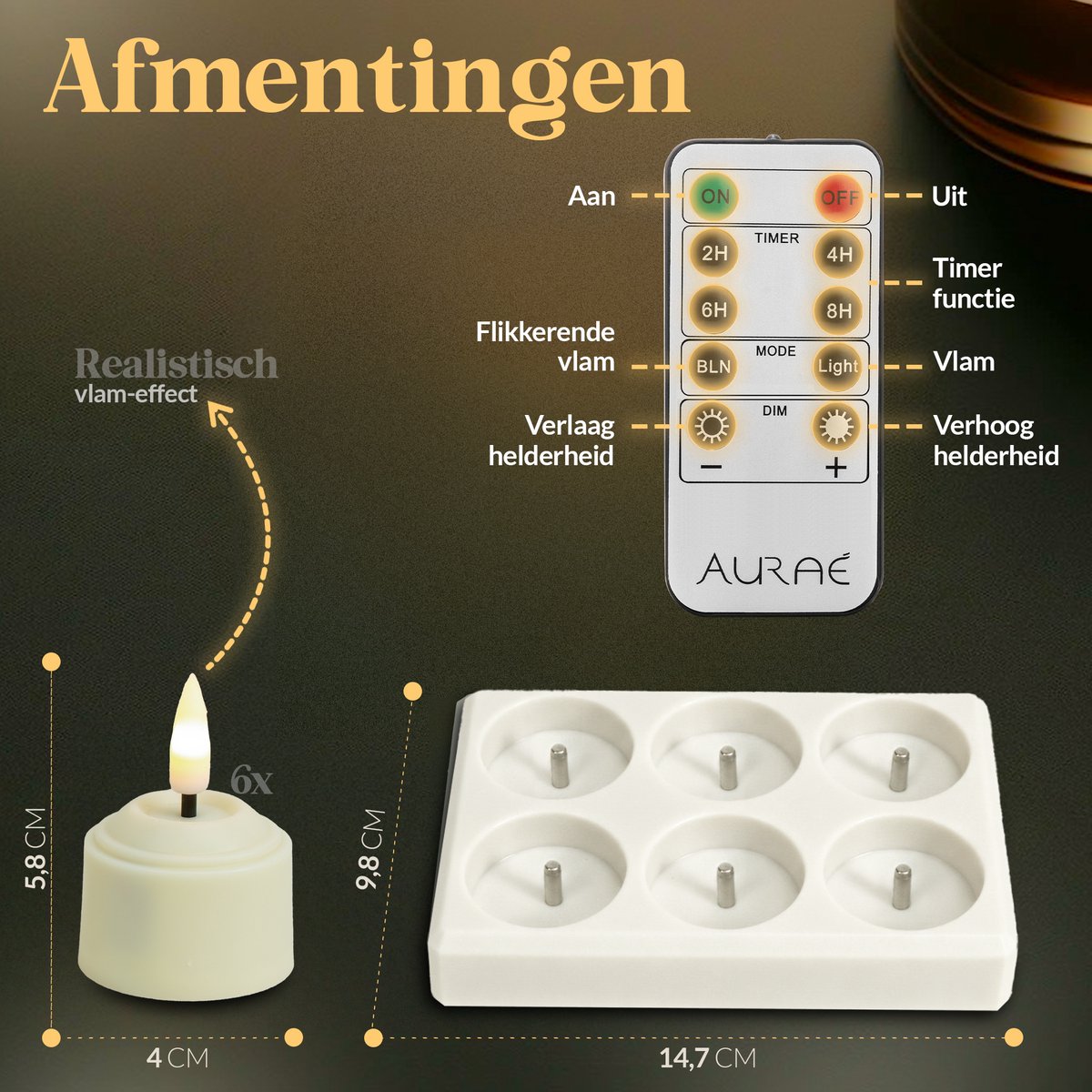 Aurae Oplaadbare Waxinelichtjes 6x - Theelichtjes Oplaadbaar - 40+ Branduren - Led Kaarsen met Afstandsbediening - Flikkerende Vlam - met Lader - Kerst Kaarsen — cadeau in Wonen & Interieur - foto 6
