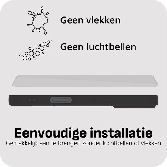 Illustratie van een telefoonhoesje met een screenprotector erboven, met tekst "Geen vlekken", "Geen luchtbellen", "Eenvoudige installatie".