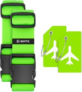 Sangle de Valise BOTC - 4 Pièces - 2 Sangles de Bagage + 2 Étiquettes de Bagage - 188 cm * 5 cm - Riem de Bagage - Ceinture de Bagage - Réglable - Vert