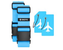 BOTC Kofferriem met Kofferlabel - 4-Delig - 2 Kofferband en 2 Bagagelabel - bagageriemen - Bagageband - Verstelbaar - LichtBlauw