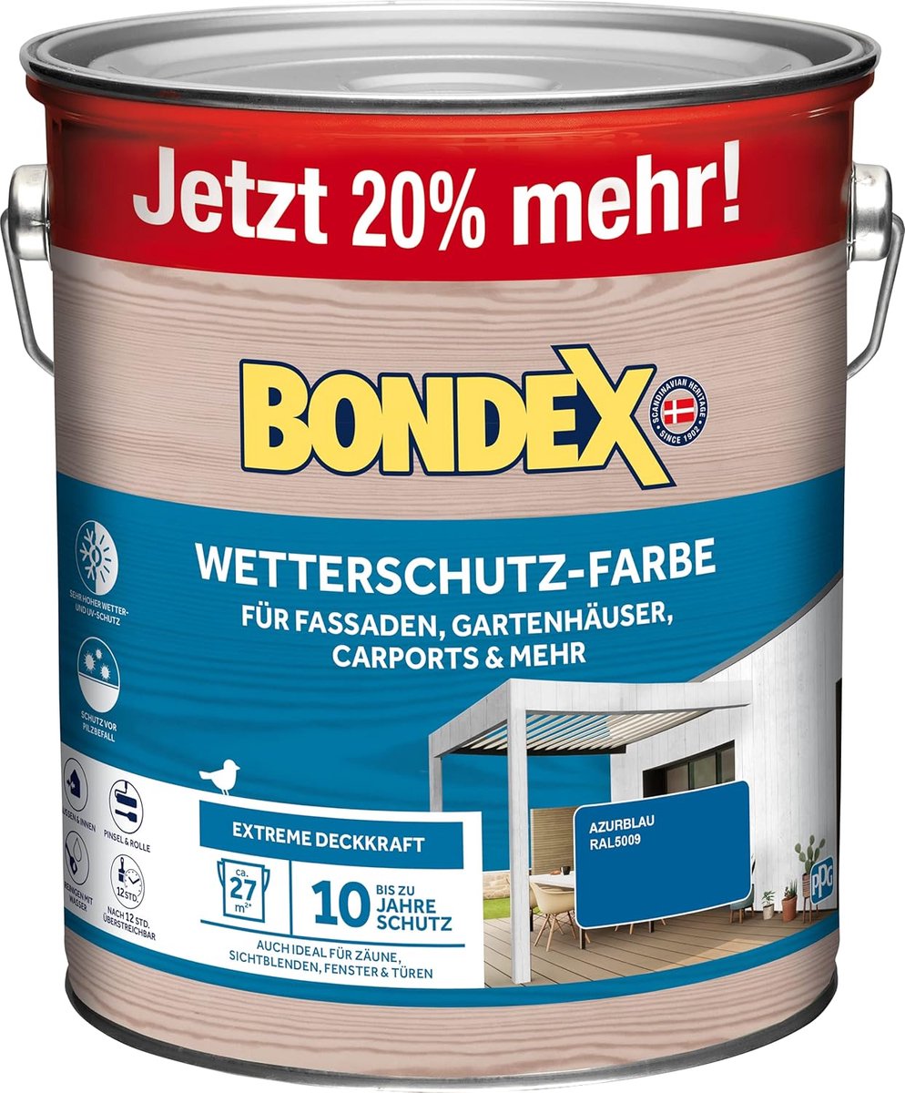 Bondex Weerbestendige Verf Azuurblauw (RAL 5009) 3 L voor 27 m² | Extreem dekkend | Uitstekende weersbestendigheid | Zijdeglans | Weerbestendige verf | Houtverf