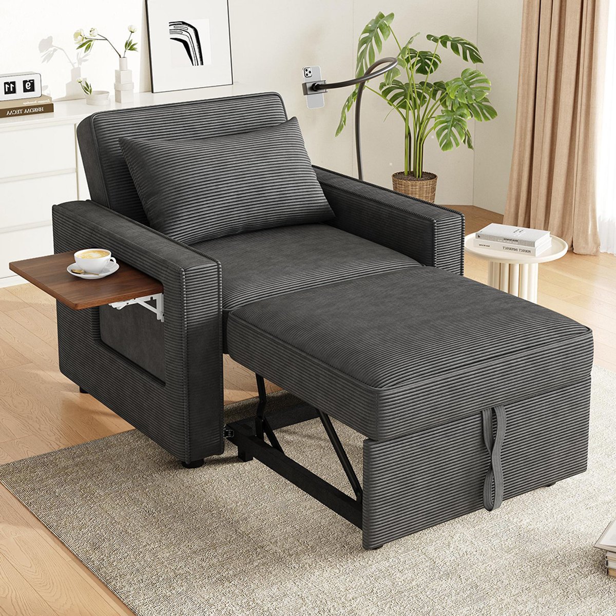 Pugsdrly Multifunctionele opklapbare slaapbank met USB-oplaadpoort en mobiele telefoonhouder, 1-zits relaxfauteuil die kan worden omgevormd tot slaapbank, neemt weinig ruimte in beslag in de woonkamer en slaapkamer, corduroy stof, grijs