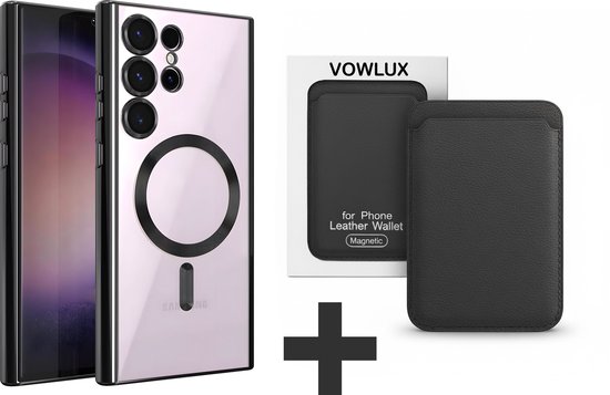 Coque rose Samsung Galaxy S24 Ultra avec cercle MagSafe, découpes pour appareil photo, plus un porte-cartes MagSafe noir.