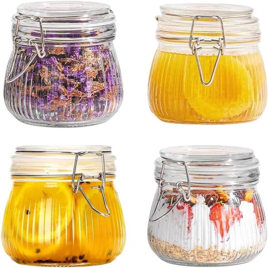 Allecto plus - Fermenteerglas Inmaakpotten met Beugelsluiting, 500ml - Gestreept - Luchtdicht - Draadbeugelpotten - Keukenopslag - Set van 4