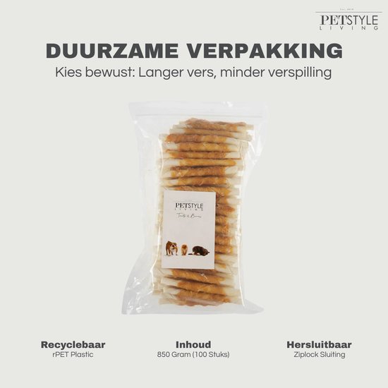 Petstyle Living Gedraaide Sticks met Kip - Hondensnacks - 12,5cm - 100 Stuks - Kauwstaaf Hond