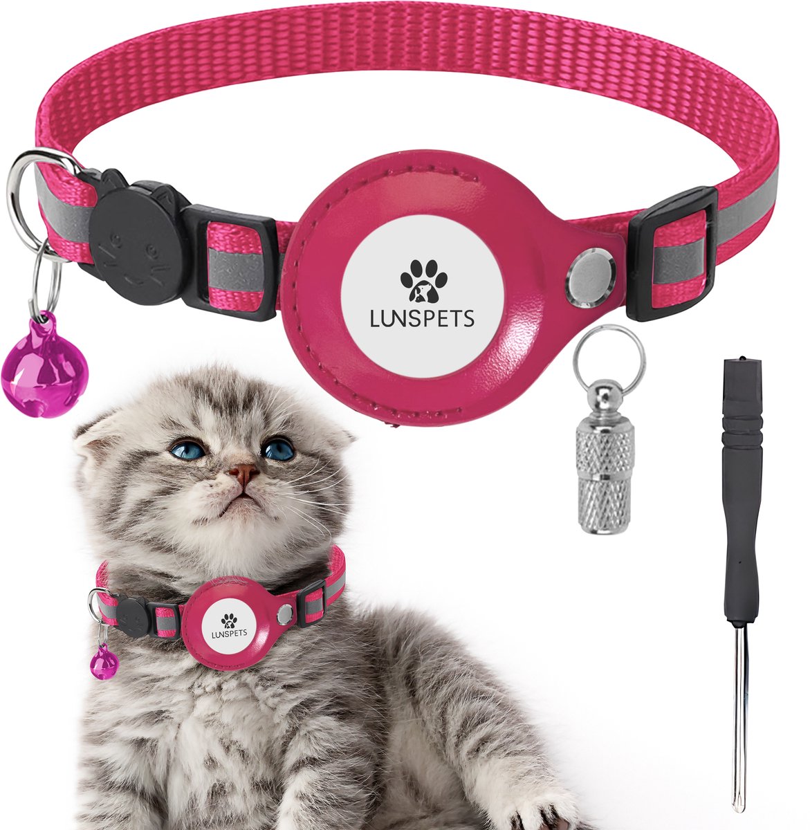 Lunspets - Kattenhalsband - Geschikt voor Airtag - Veiligheidssluiting - Reflecterend - Roze