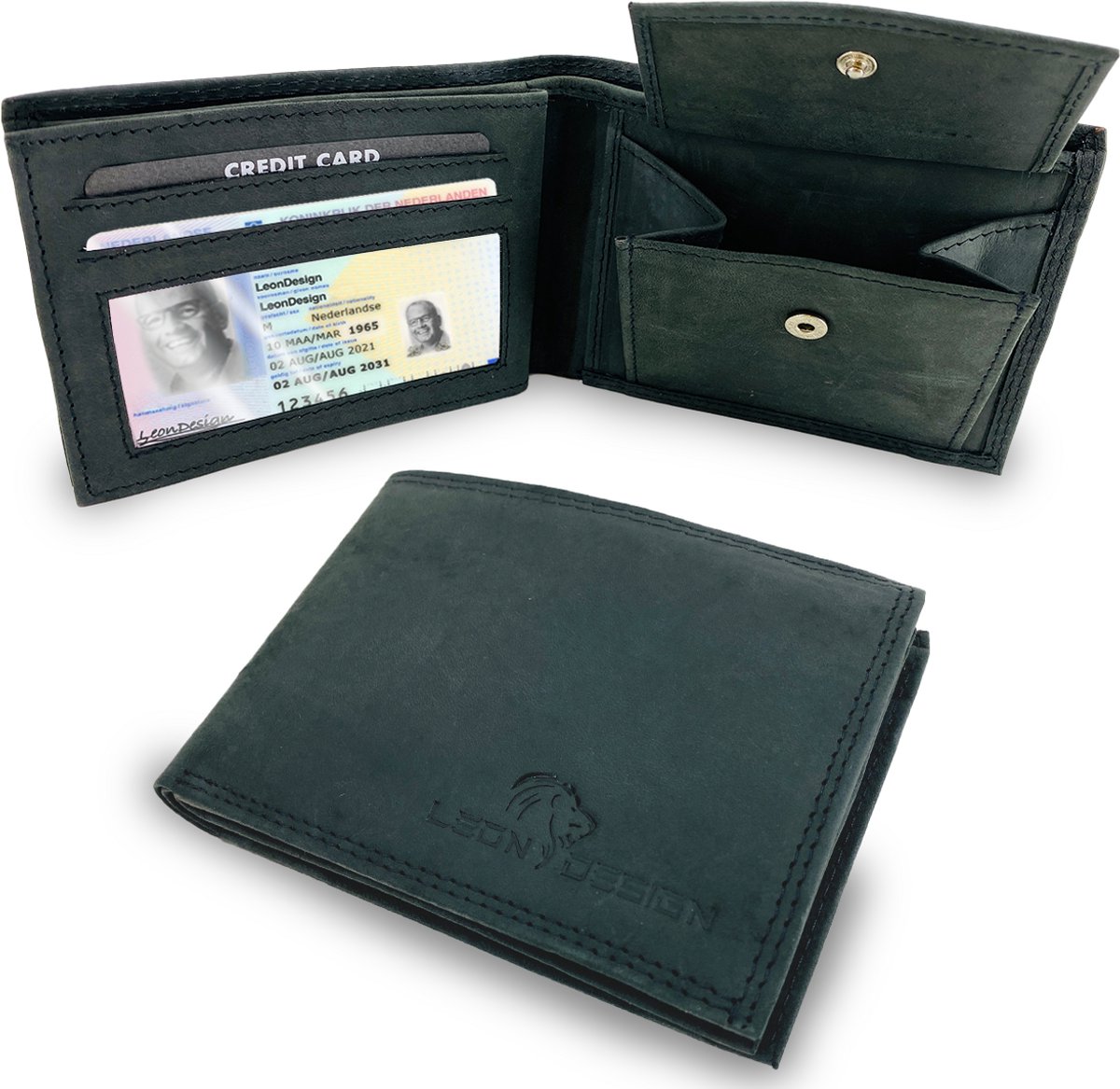 LeonDesign - Portemonnee - Portemonnee heren - Portemonnee jongens - Hunter Zwart - Heren portemonnee - Heren portefeuille - Compact - Billfold model muntvak - Briefgeldvak - 11 pasjes - Leer