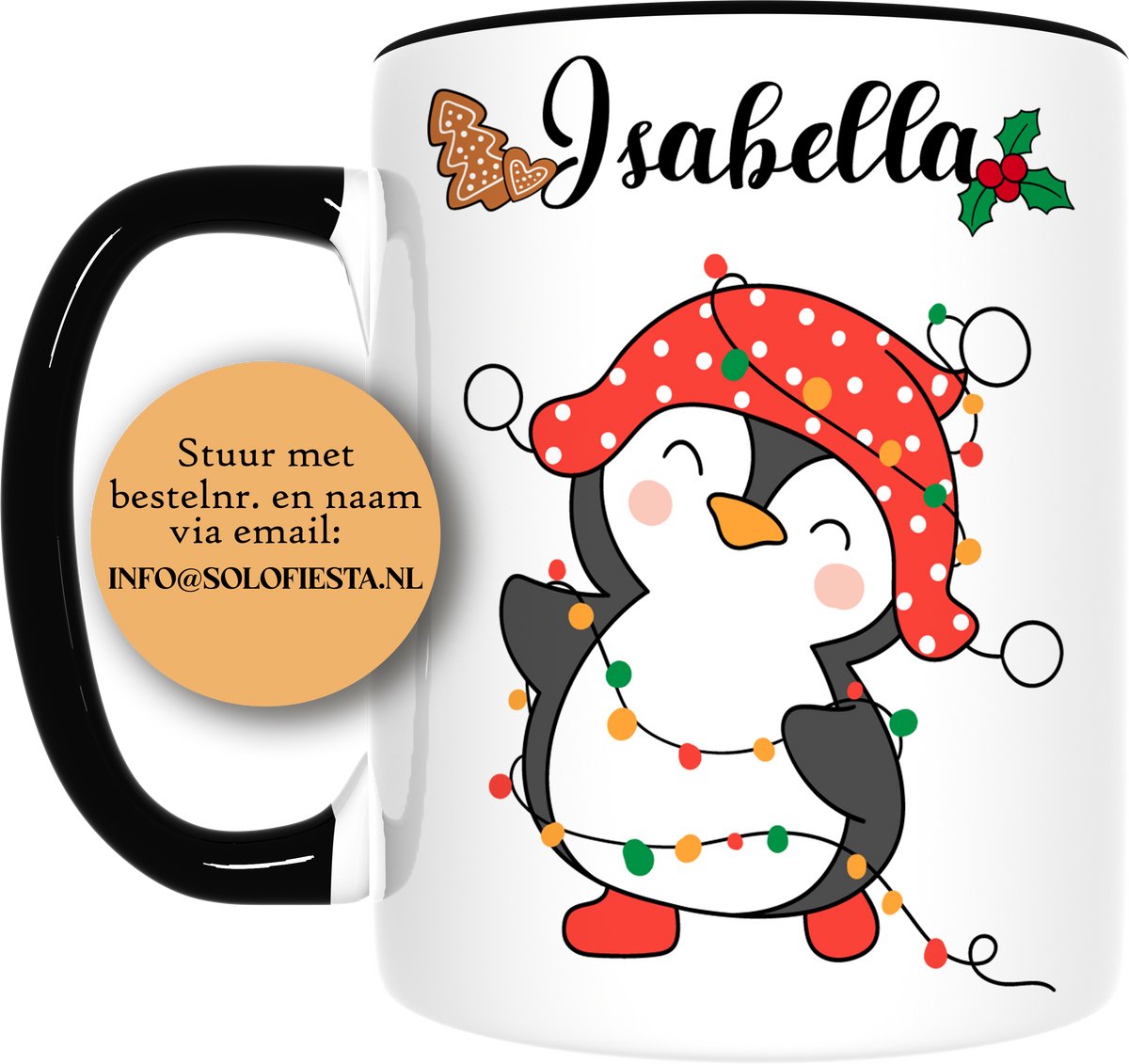 Solofiesta Kerst Pinguïn Serie - Mok - Met Naam - Pinguïn met Kerstlampjes Design - Inclusief Cadeauverpakking