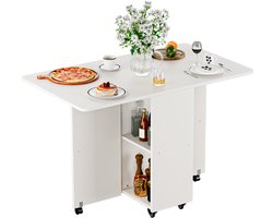 Folding Table with Wheels Mobile Folding Dining Table Wood Foldable Side Table with Shelf Wood Extendable Dining Table for Kitchen Living Room and Small Spaces Storage Table White