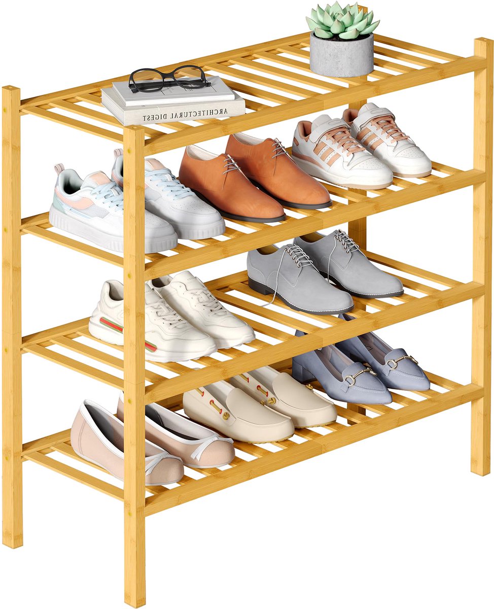 Smiry Schoenenrek - 4 Lagen - Bamboe Schoenenrek - Bamboe Schoenenkast -Voor 15 paar schoenen- 68x28x66cm - Bamboe - Houtkleur