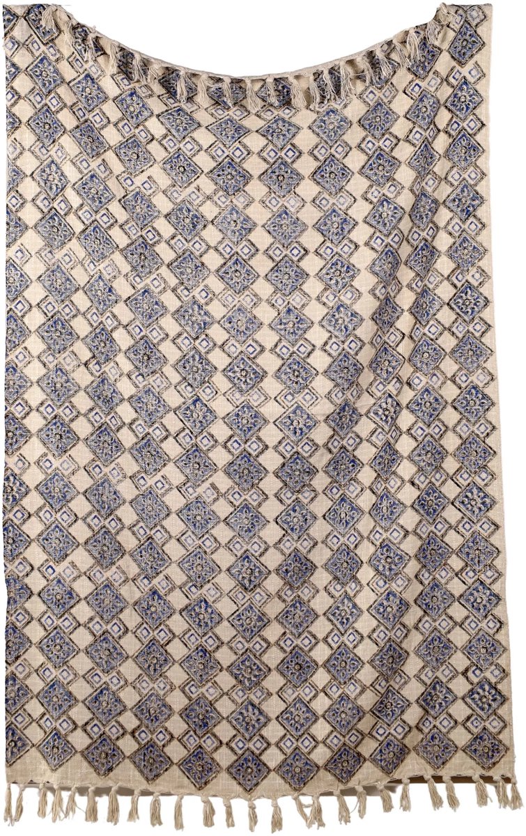 Urbane Hide | Traditionele Bohemien Tegel Plaid | SierPlaids | 125x170 cm | met Franjes | 100% Katoen | Beige en Blauw