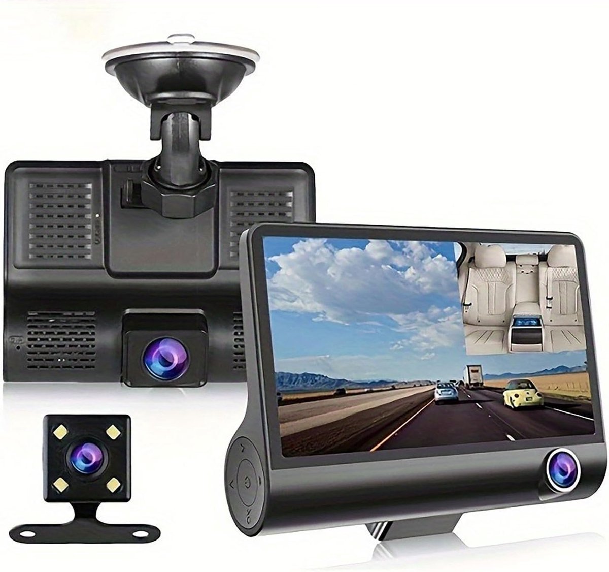 3 Camera Lens 4.0 In Auto DVR Dash Cam HD Dash Camera Dual Lens Video Recorder 1080P Black Box Cycle Dashcam Spiegel（Met 64G geheugenkaart）