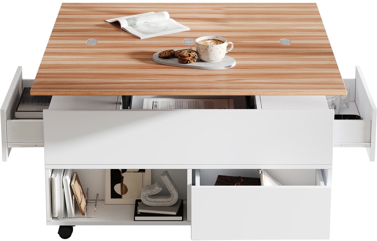Merax Salontafel met Lift-Top – 4 Lades – 100x50 – Wit met Houtlook Bruin