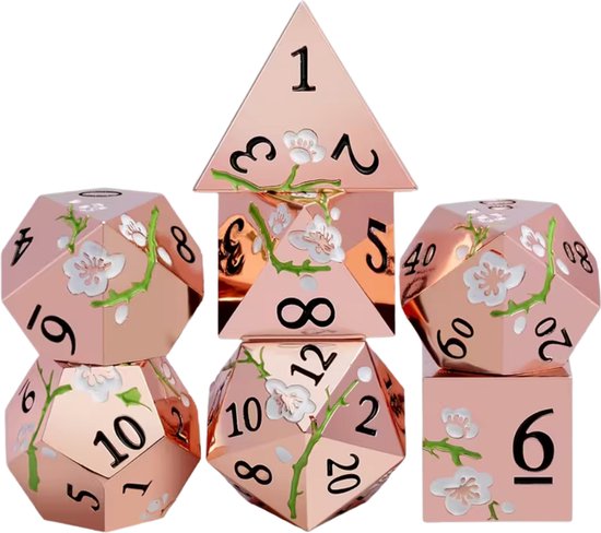 Ensemble de dés Joya Dice® Dungeons and Dragons | Set de Dés DnD Polydice | Ensemble de dés D&D | Ensemble de 7 dés en Métal | Coffre de rangement de Luxe inclus | Dés en métal or rose avec fleur de Sakura