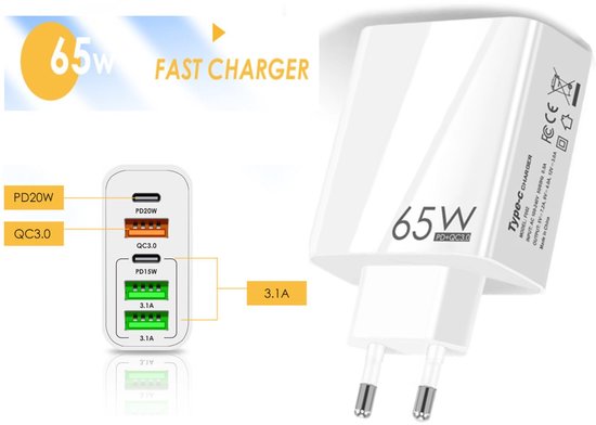 USB Adapter & USB-C Adapter - 5 Multipoort - USB Stekker - Reisstekker - 65 Watt - Snelladen functie - USB-C Stekker - Wereldstekker - Usb lader - 1x PD20W 1x PD15W Usb-C, 1x USB QC3.0 & 2x USB 3.1A - Wit