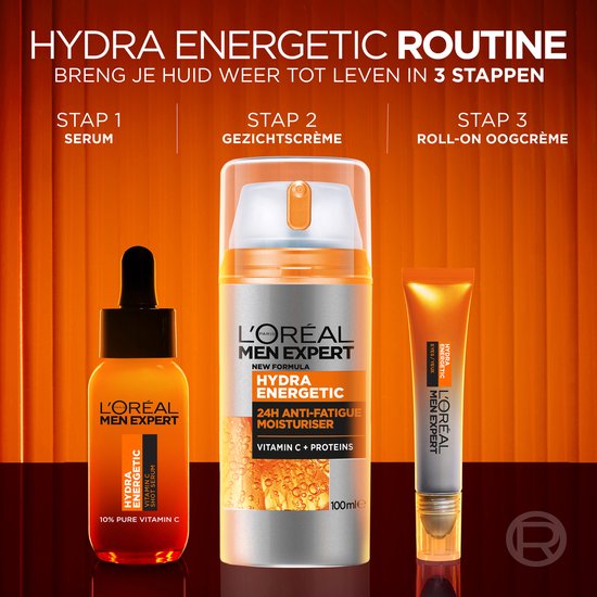 Stappenplan voor de L'Oréal Men Expert Hydra Energetic routine: serum, gezichtscrème en oog roll-on.