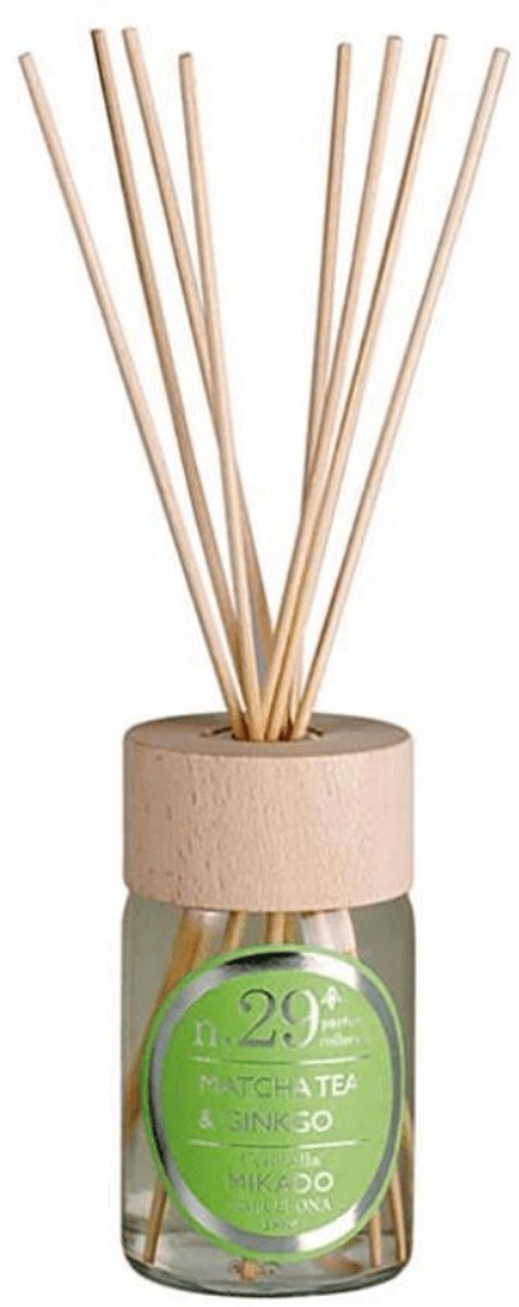 Cerabella Geurstokjes Diffuser N.29 – Matcha Tea & Ginkgo – 100 ml – Luxe huisparfum met 8 stokjes en houten deksel